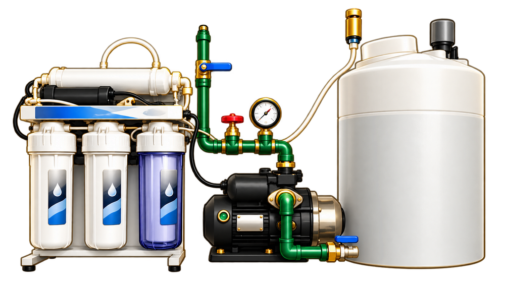 Illustration of a commercial water filtration setup: three filter housings, a pressure pump with gauge and a water storage tank.